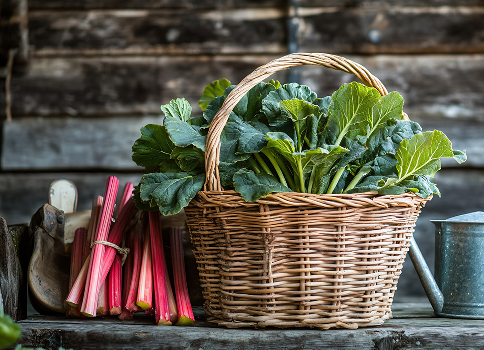 Rhubarb leaves in a wicker basket, styled with garden gloves and